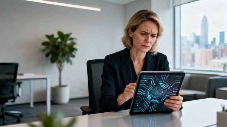 European woman coach quality checking AI output on a tablet.