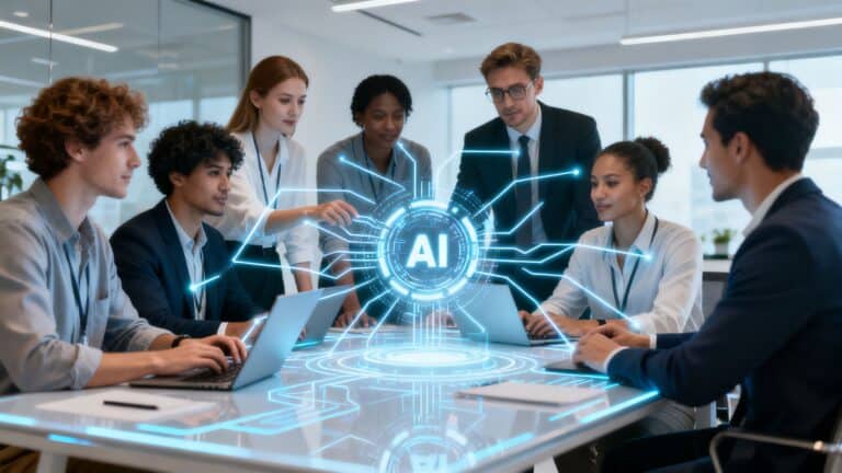 AI team collaborating on a futuristic interface for business.