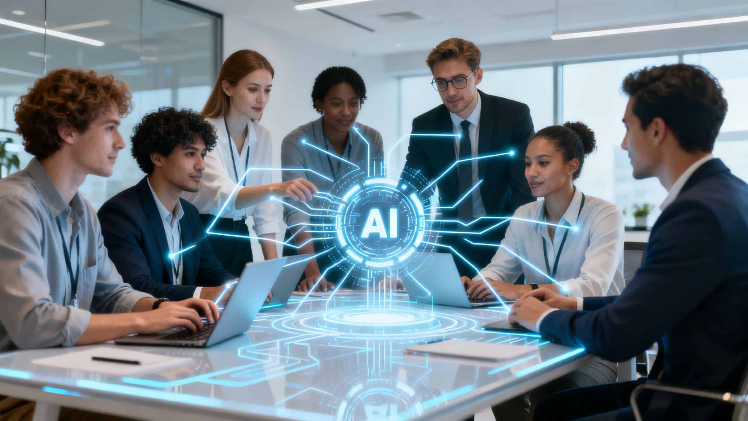 AI team collaborating on a futuristic interface for business.