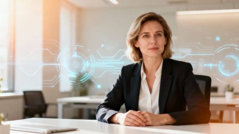 European woman coach in a modern setting, embracing AI.