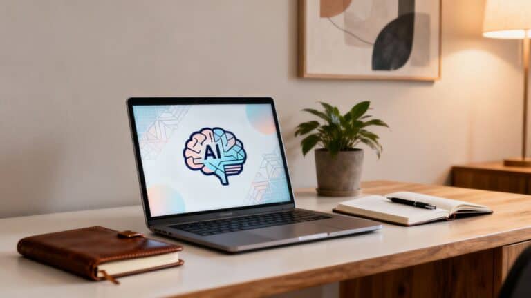 AI brain icon on a laptop screen in a coaching workspace.