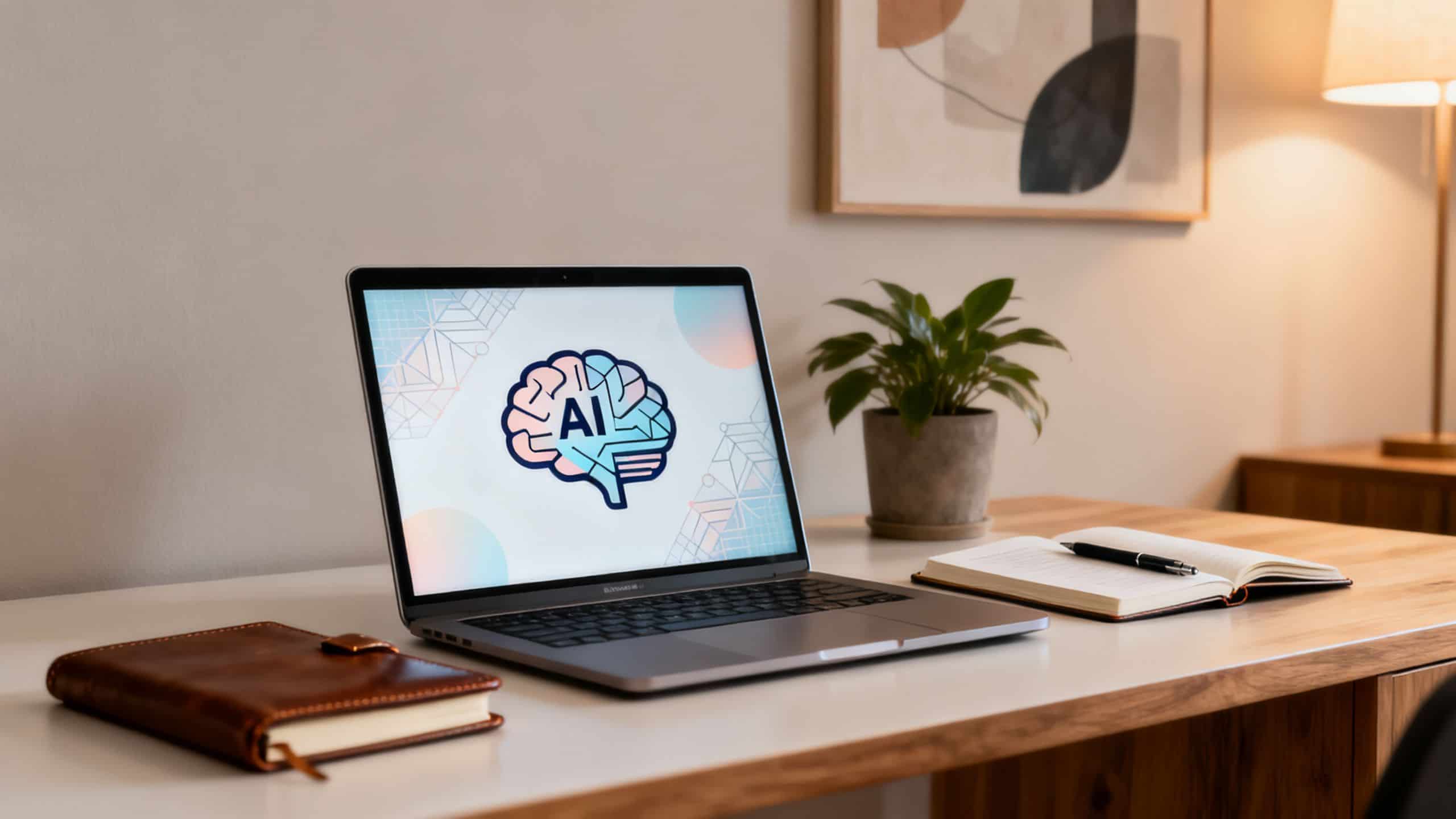 AI brain icon on a laptop screen in a coaching workspace.