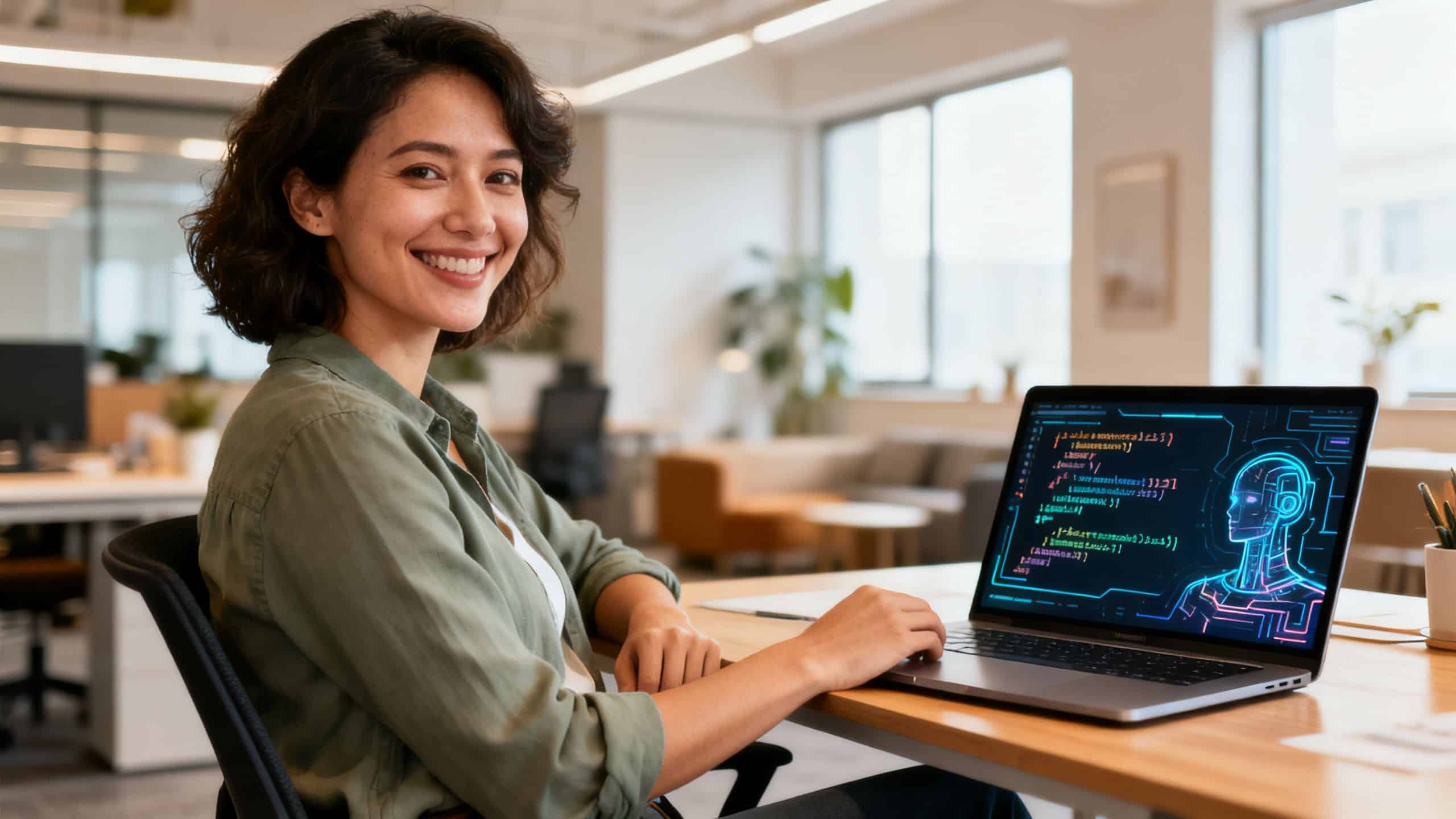 Woman coach interacting with Claude AI interface on laptop.