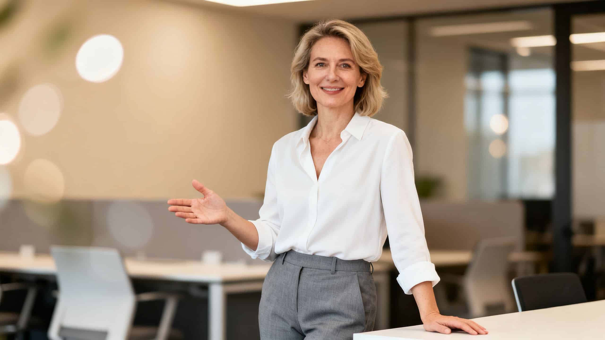 European woman coach explaining a concept in a modern office.