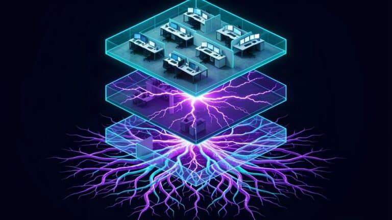 Drei leuchtende Ebenen: sichtbares Büro oben, darunter das energetische Informationsfeld