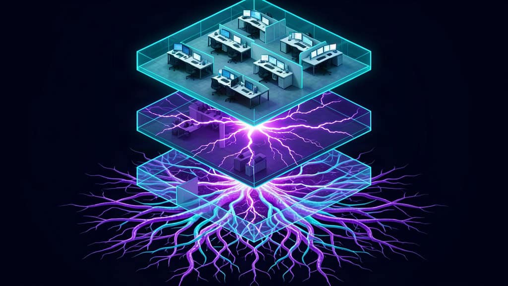Drei leuchtende Ebenen: sichtbares Büro oben, darunter das energetische Informationsfeld